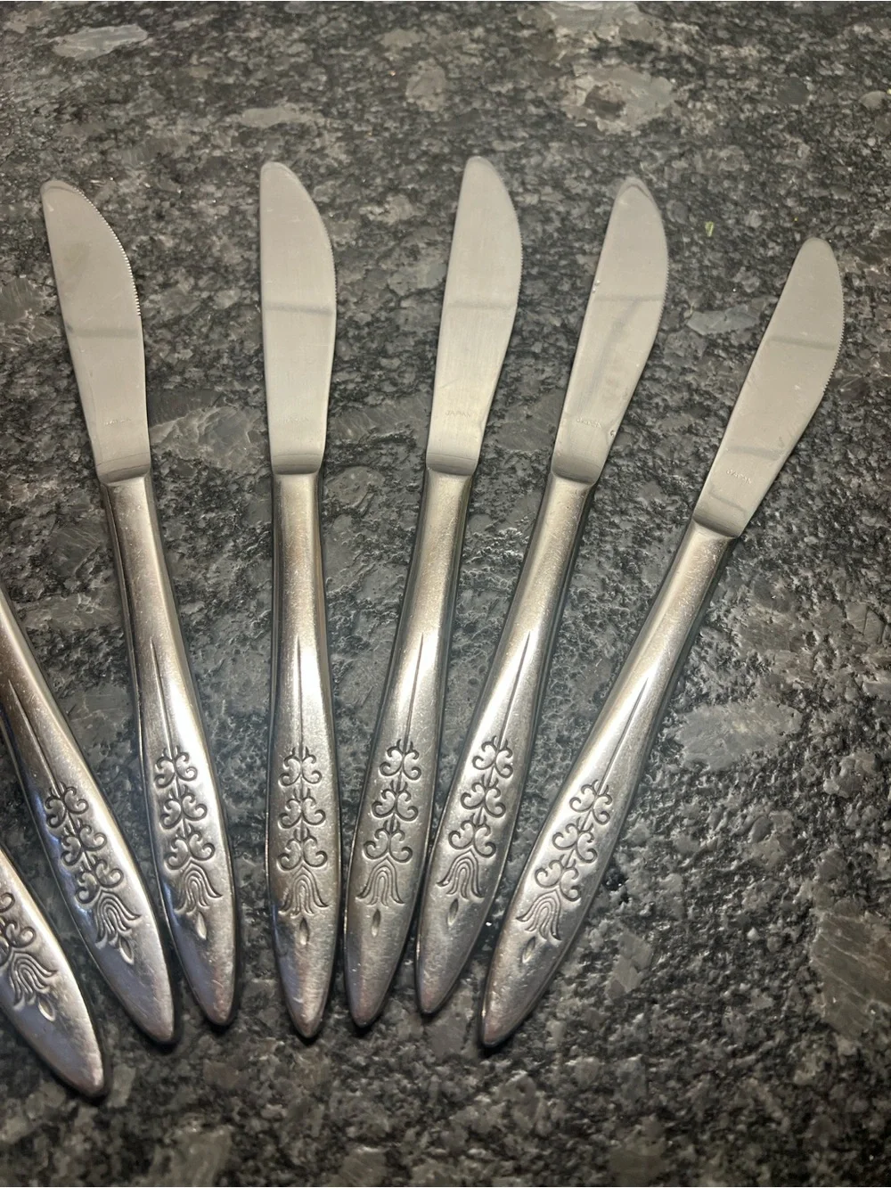 7 piece MCM  Stainless Steel Butter Knife Set in Silver Floral Decorative Handle